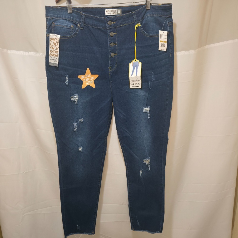 Celebrity Ace Women's‎ High Rise Button Fly Distressed Denim Blue Jeans Size 22